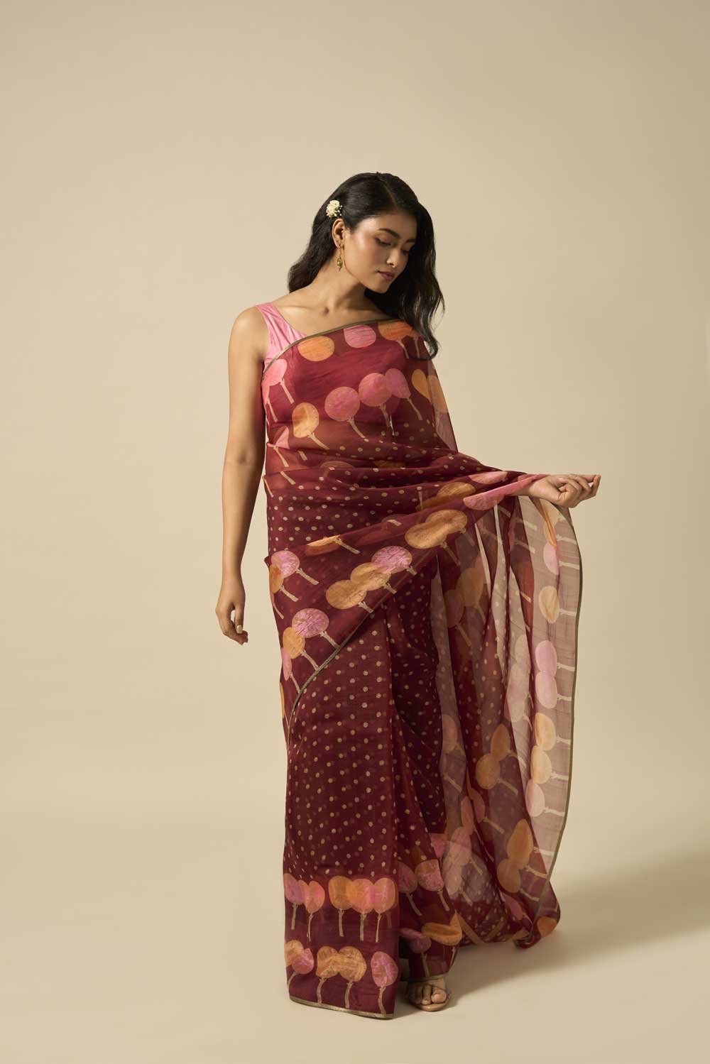 RESHAM BROWN KATAAN SILK HAND BLOCKPRINTED SAREE