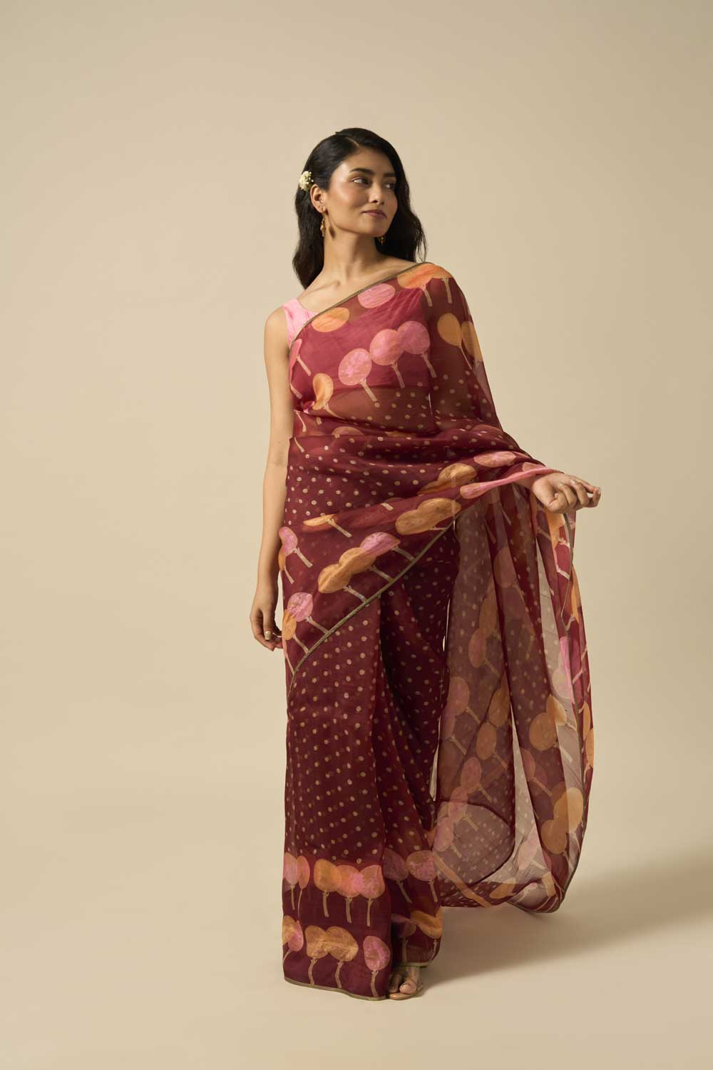 RESHAM BROWN KATAAN SILK HAND BLOCKPRINTED SAREE