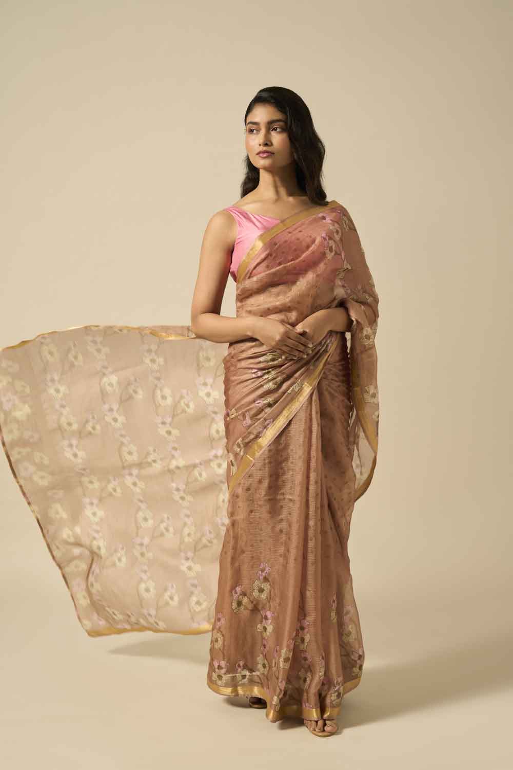 Bela Beige Kota Silk Hand Block Printed Saree