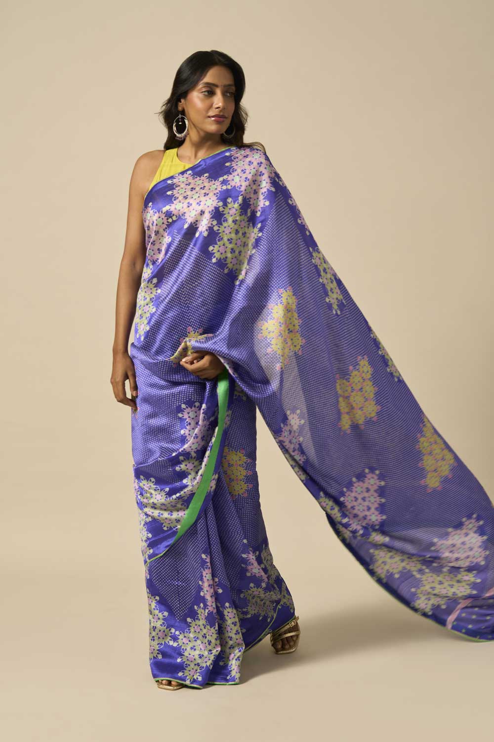 NEEL BLUE MUSHROO SILK GREEN ROSE MUSHROO SILK HAND BLOCKPRINTED SAREE