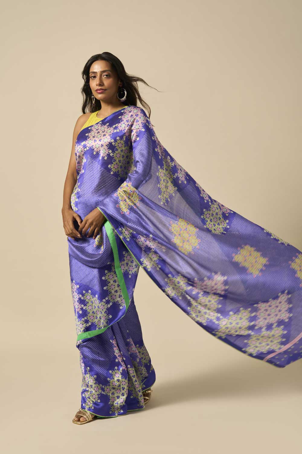 NEEL BLUE MUSHROO SILK GREEN ROSE MUSHROO SILK HAND BLOCKPRINTED SAREE