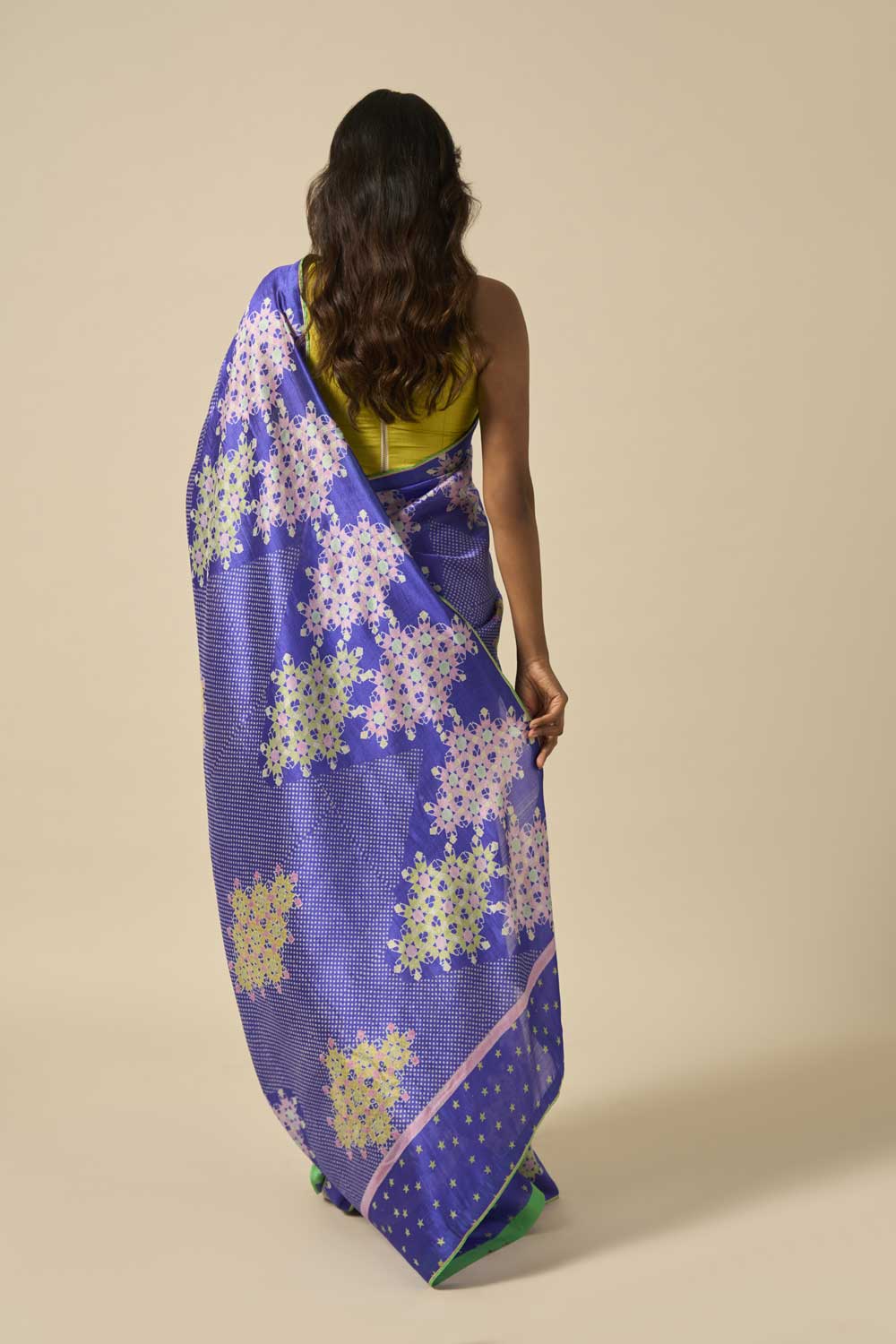 NEEL BLUE MUSHROO SILK GREEN ROSE MUSHROO SILK HAND BLOCKPRINTED SAREE