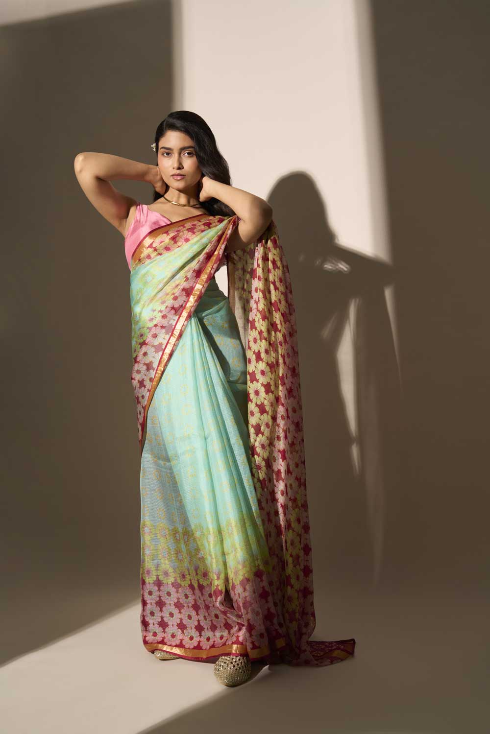 tilak Maroon kota silk hand block printed saree