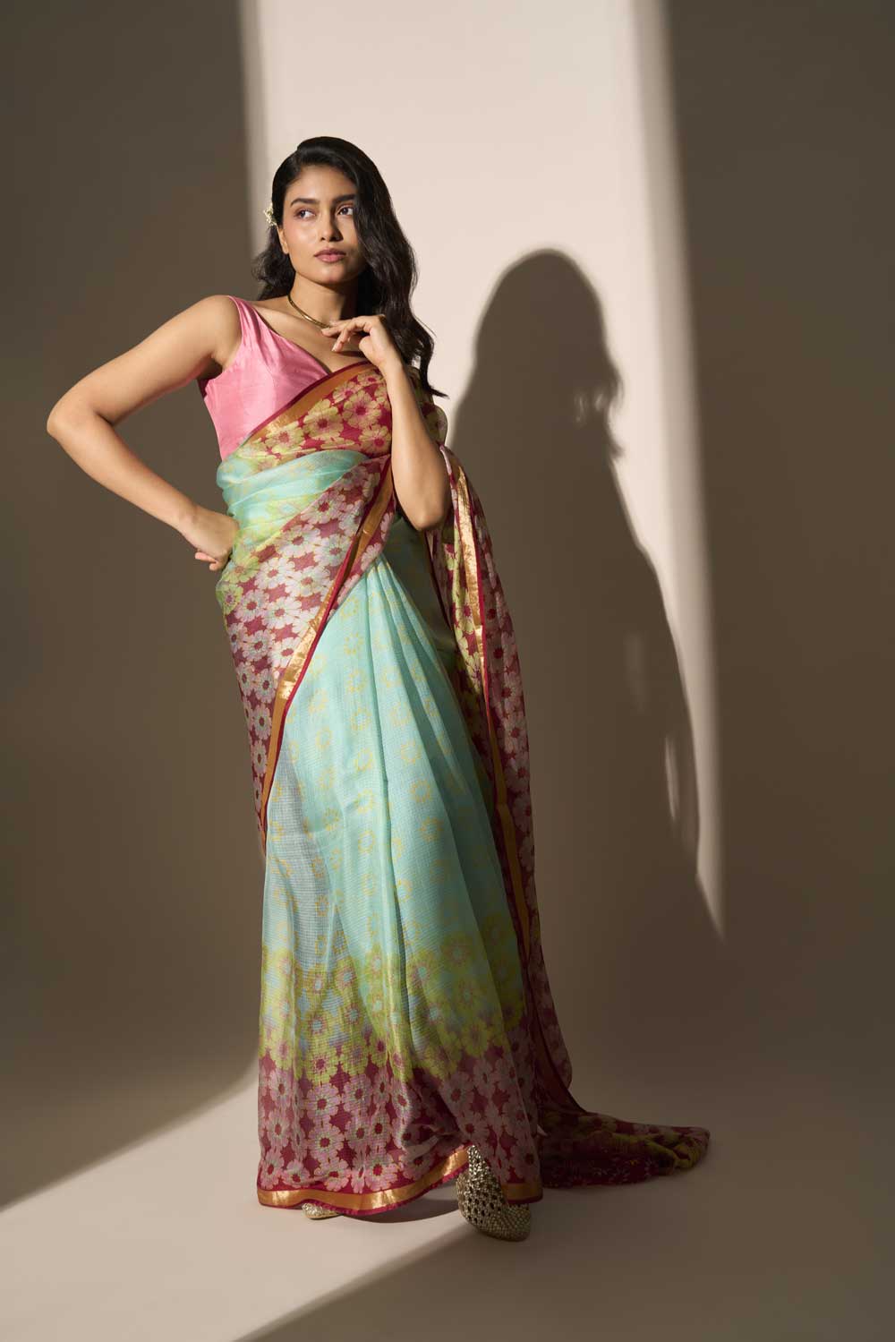 tilak Maroon kota silk hand block printed saree