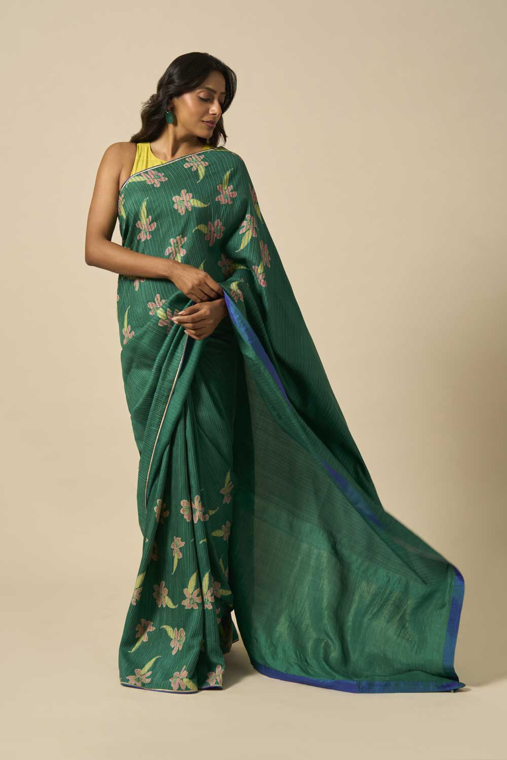 Bela Green Kanchi Silk Hand Blockprinted Saree
