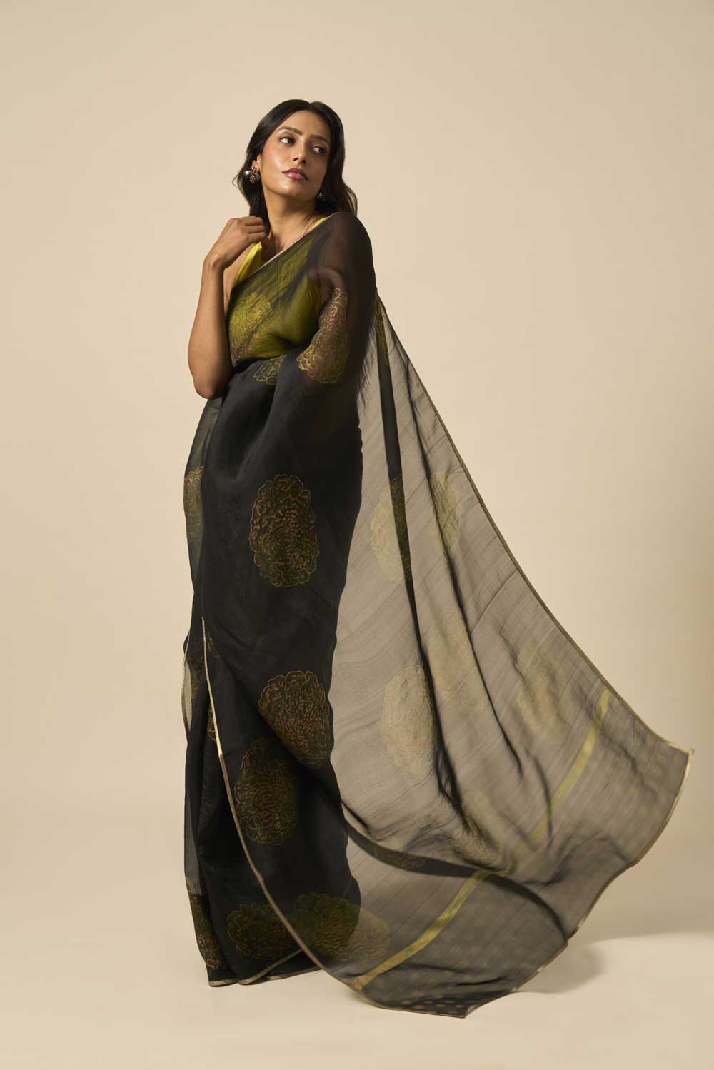 NOOR BLACK KATAAN SILK HAND BLOCKPRINTED SAREE