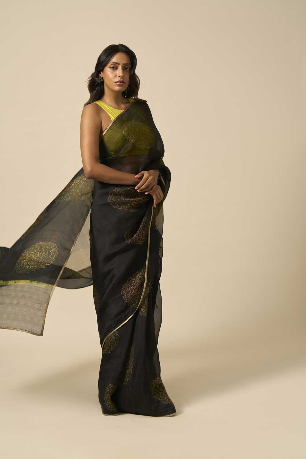 NOOR BLACK KATAAN SILK HAND BLOCKPRINTED SAREE