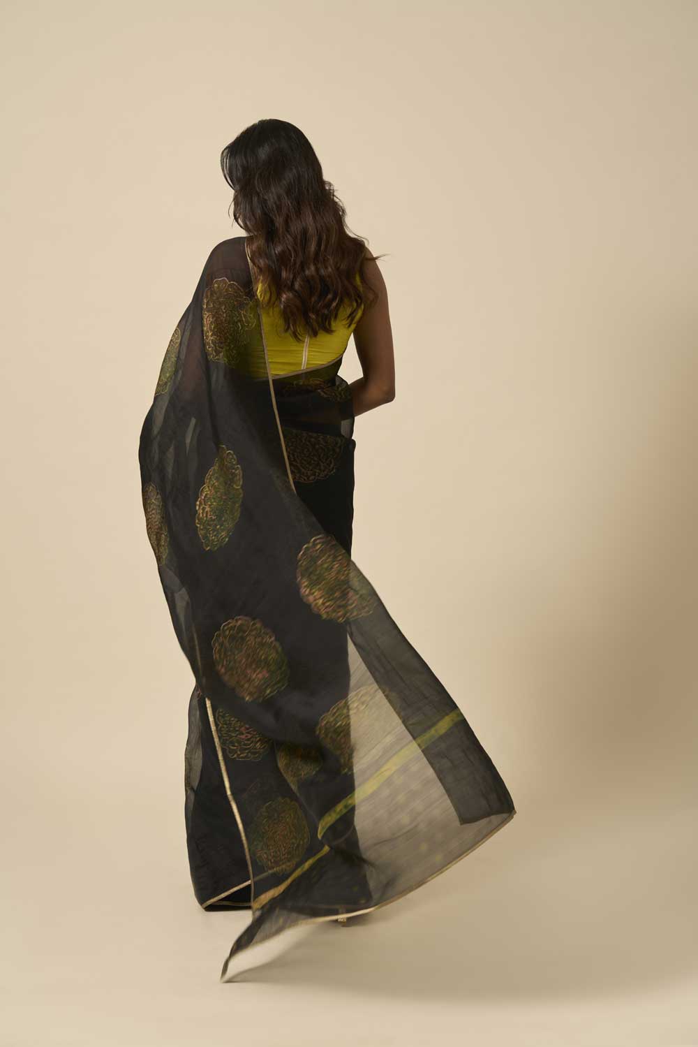 NOOR BLACK KATAAN SILK HAND BLOCKPRINTED SAREE