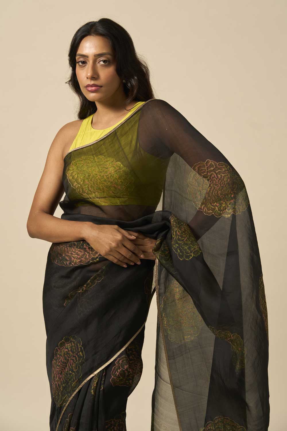 NOOR BLACK KATAAN SILK HAND BLOCKPRINTED SAREE