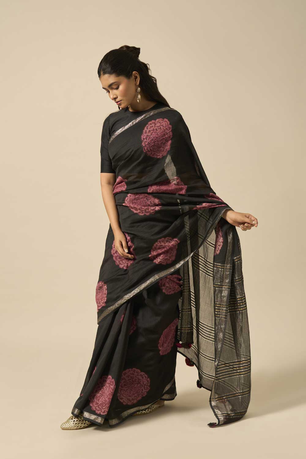 Shipra BLACK  Maheshwari Silk Hand Block Printed Saree