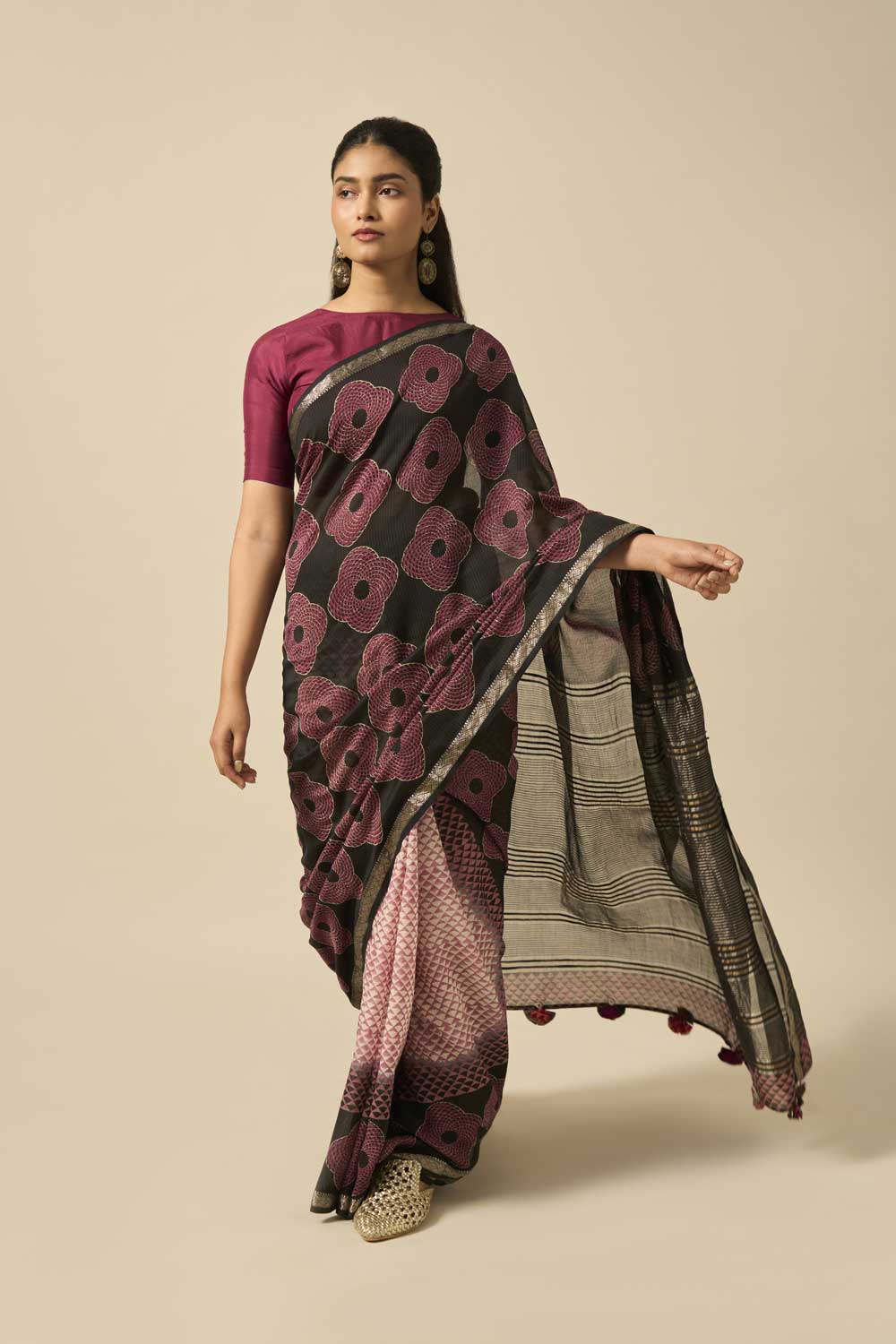 Tapti Black Maheshwari Silk Hand Block Printed Saree