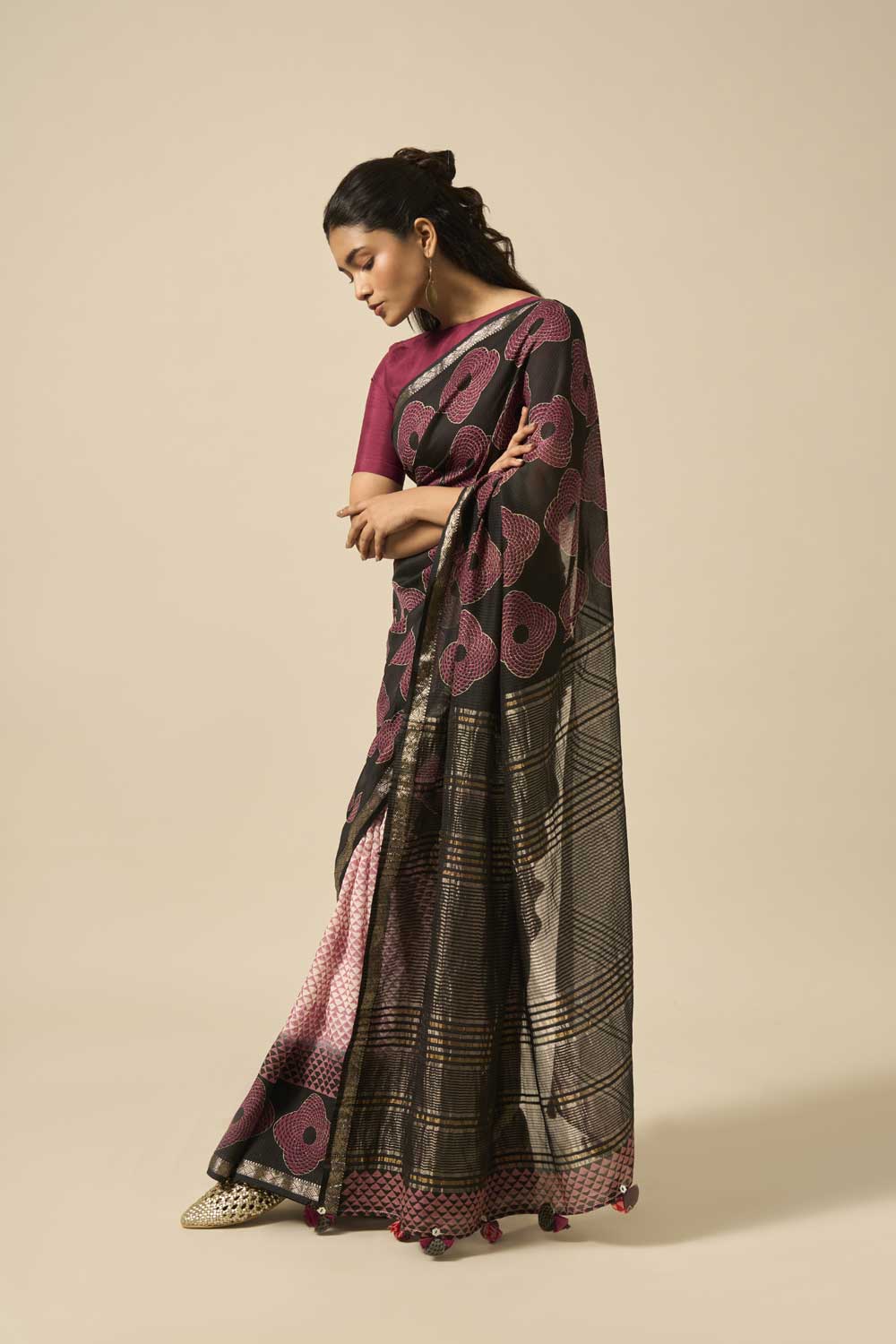 Tapti Black Maheshwari Silk Hand Block Printed Saree