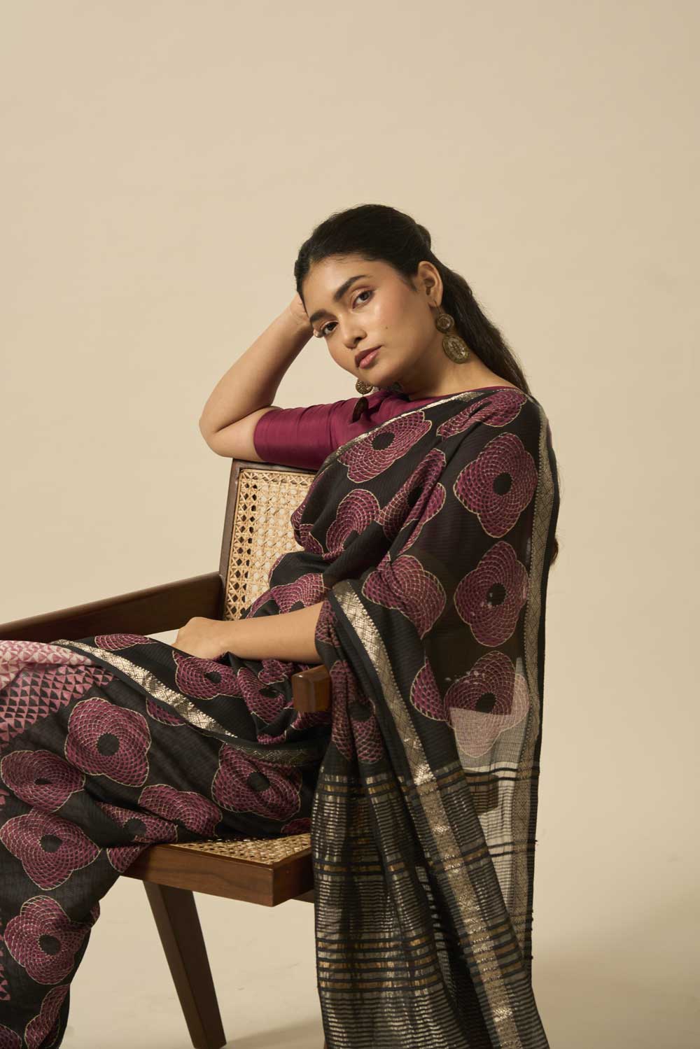 Tapti Black Maheshwari Silk Hand Block Printed Saree