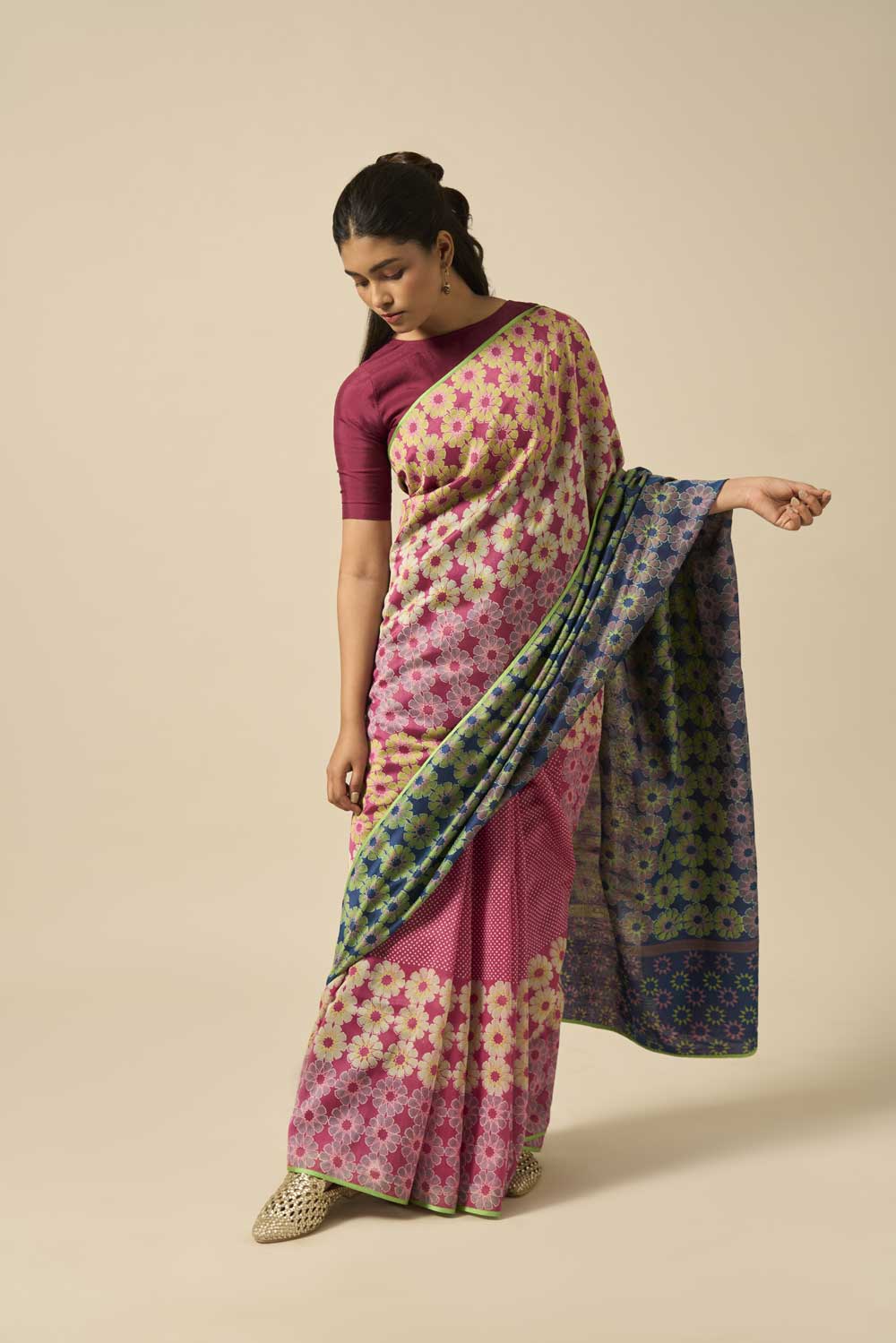 Yamuna Wine Blue Maheshwari Hand Blockprinted Flip Pallu saree