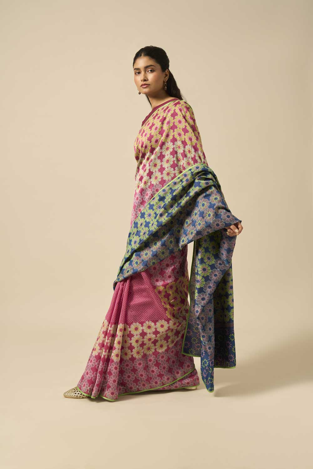Yamuna Wine Blue Maheshwari Hand Blockprinted Flip Pallu saree