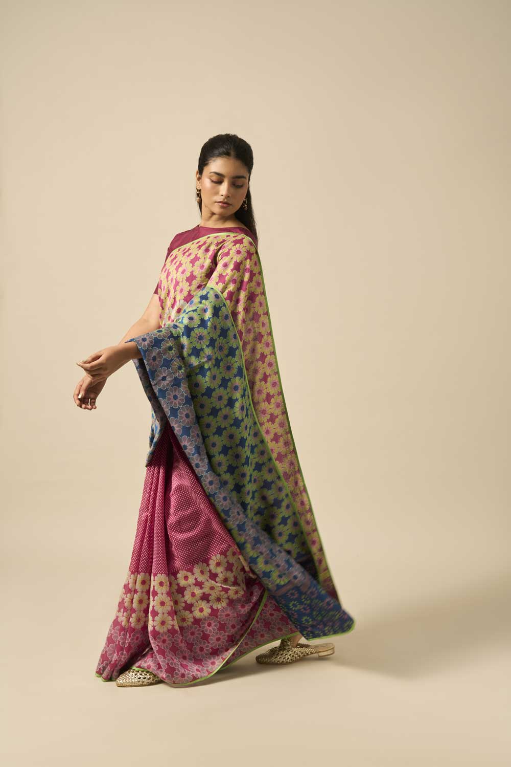 Yamuna Wine Blue Maheshwari Hand Blockprinted Flip Pallu saree