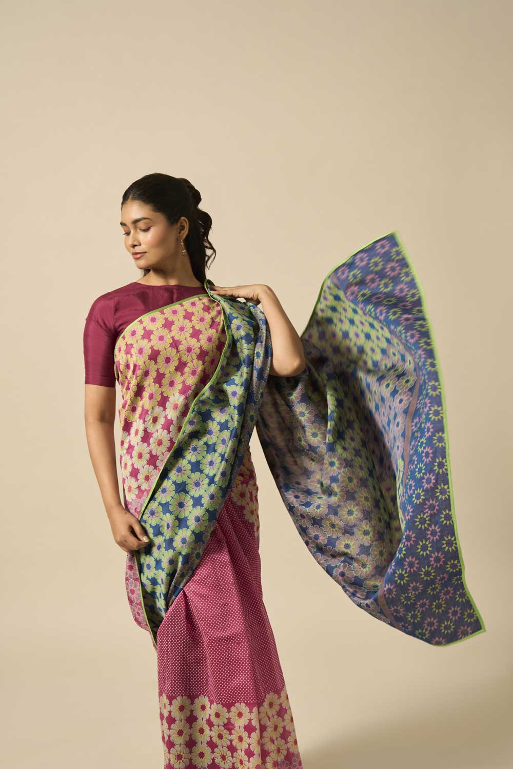 Yamuna Wine Blue Maheshwari Hand Blockprinted Flip Pallu saree