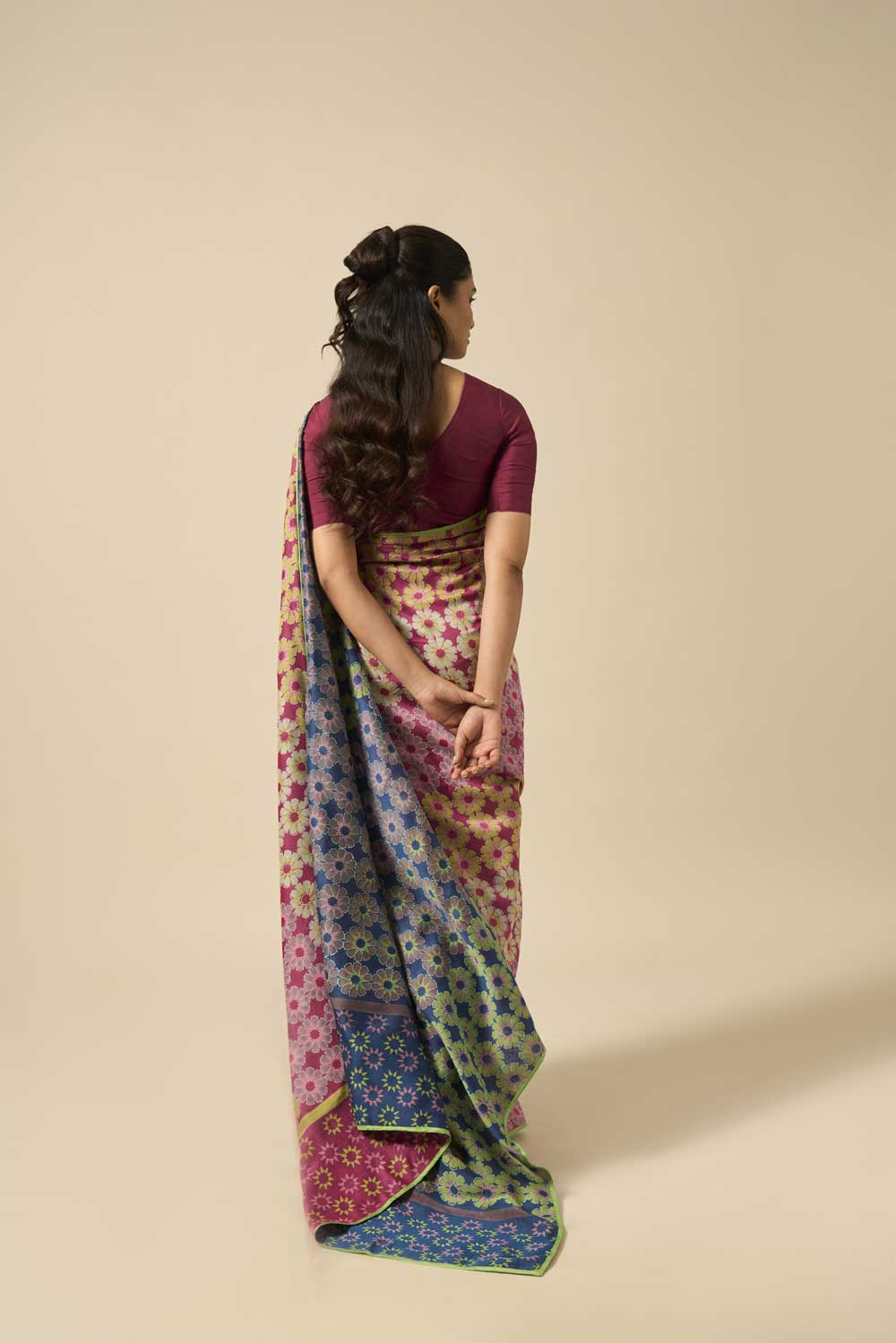 Yamuna Wine Blue Maheshwari Hand Blockprinted Flip Pallu saree