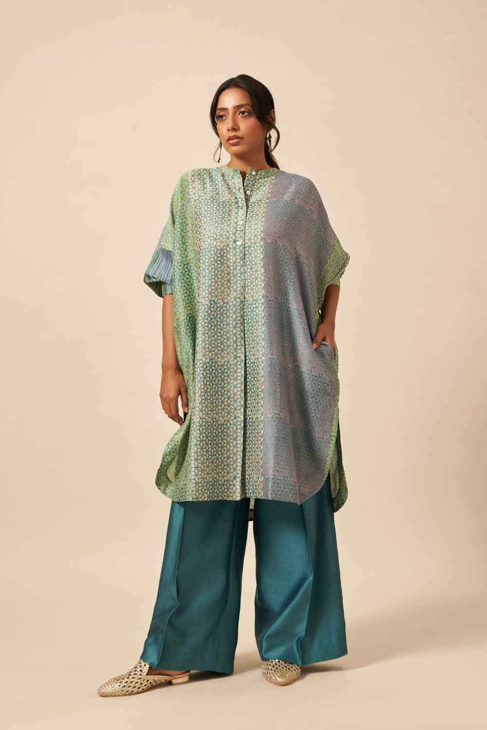 Garima Teal chanderi hand blockprinted Co-ord set