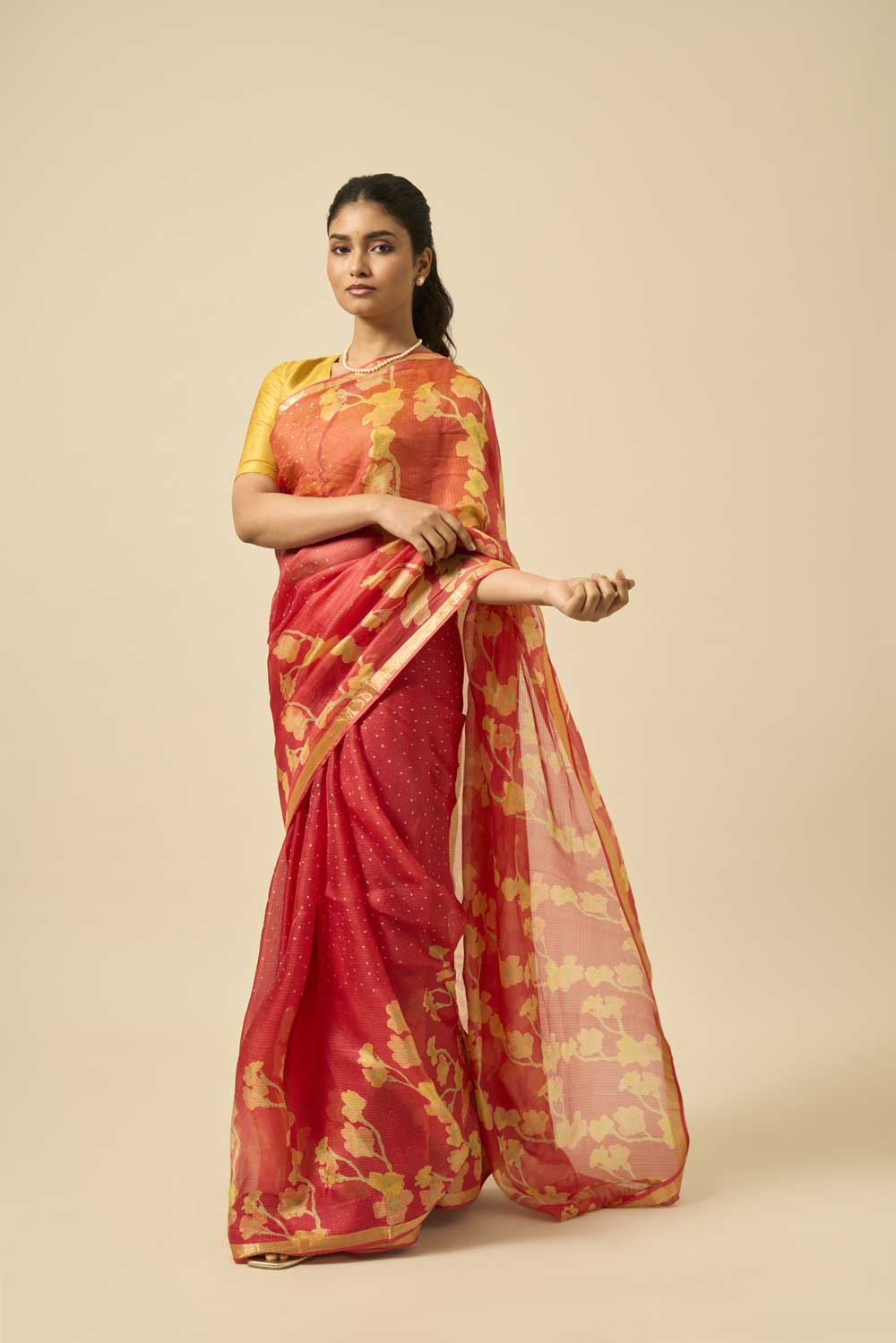 Bela red kota silk hand block printed saree