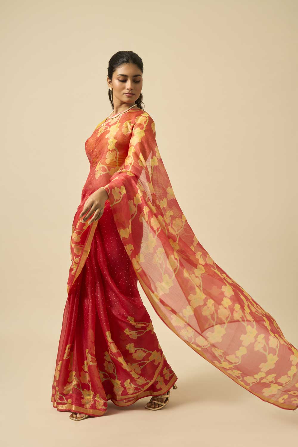 Bela red kota silk hand block printed saree