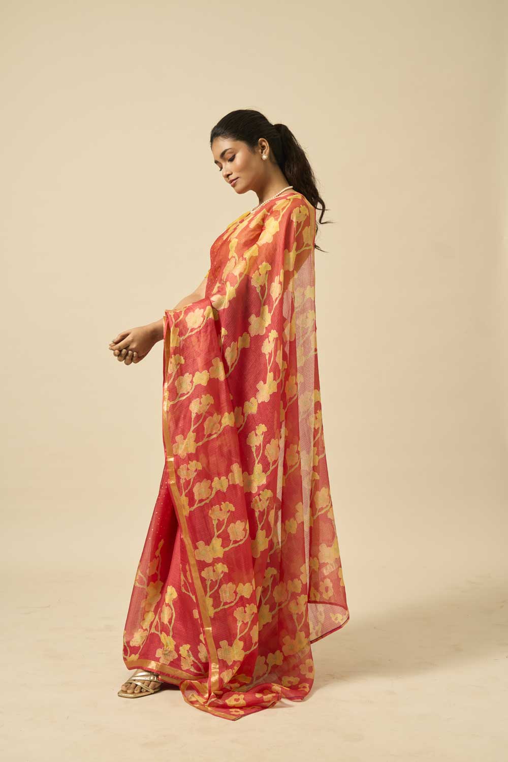Bela red kota silk hand block printed saree