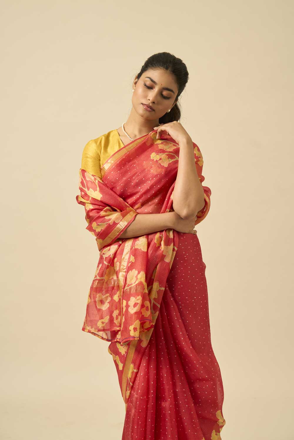 Bela red kota silk hand block printed saree