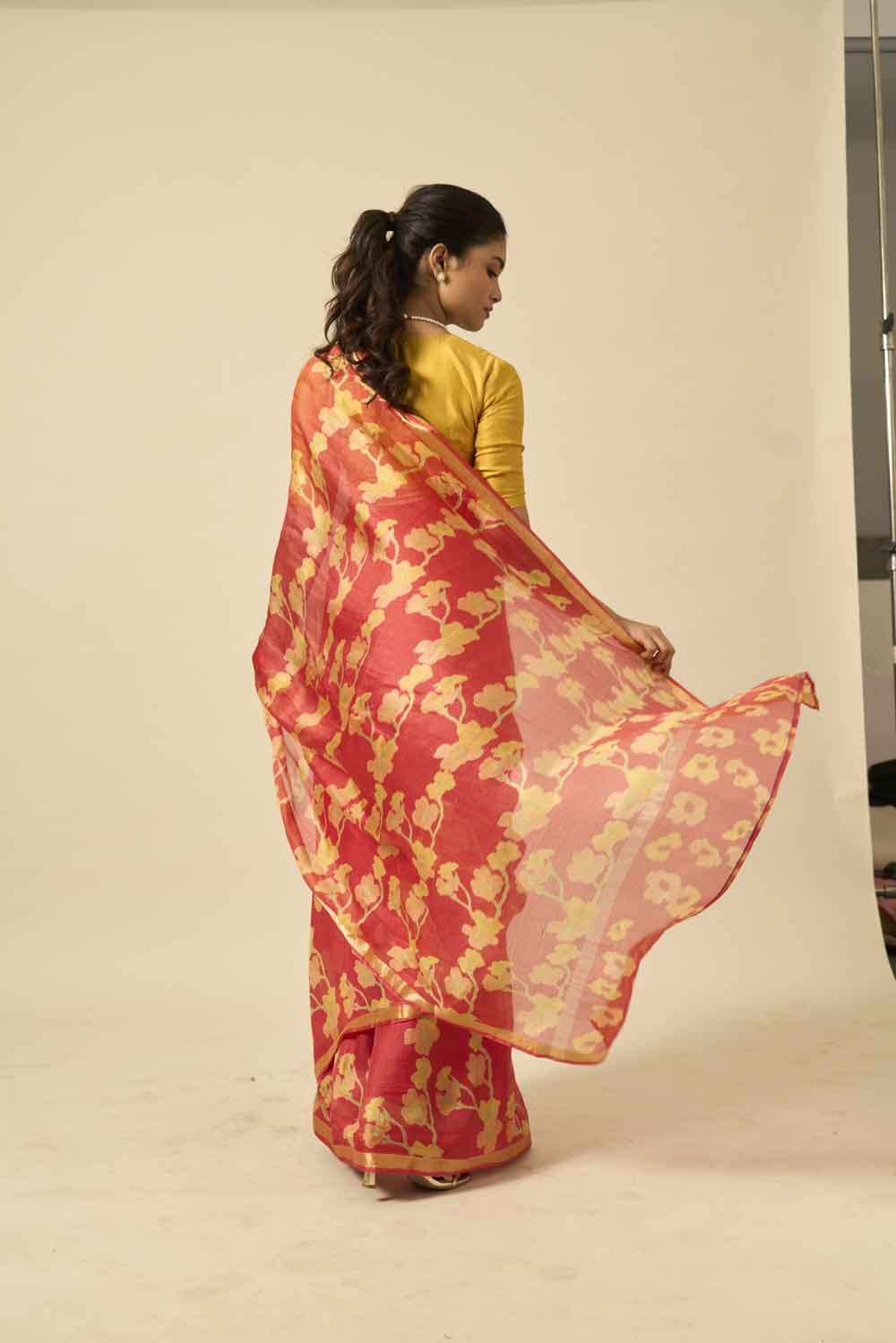 Bela red kota silk hand block printed saree