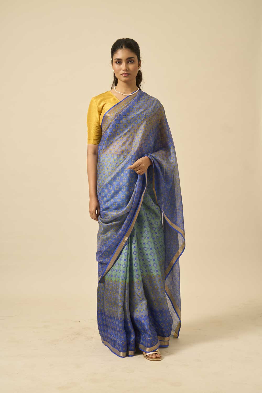 Rajnigandha Blue kota silk hand block printed saree