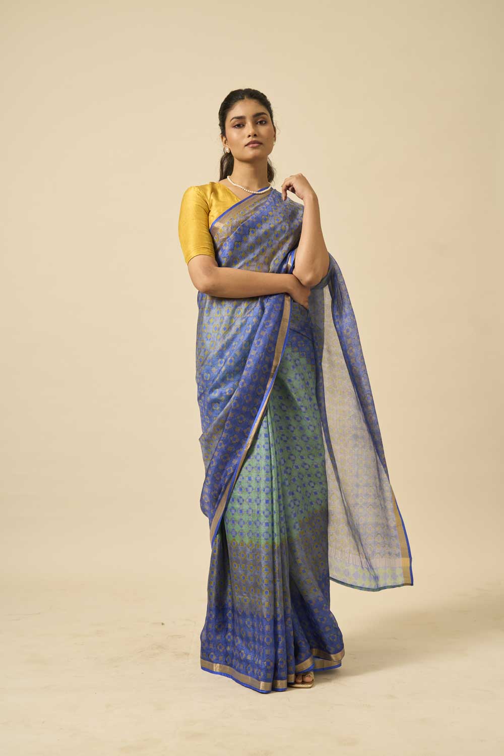 Rajnigandha Blue kota silk hand block printed saree