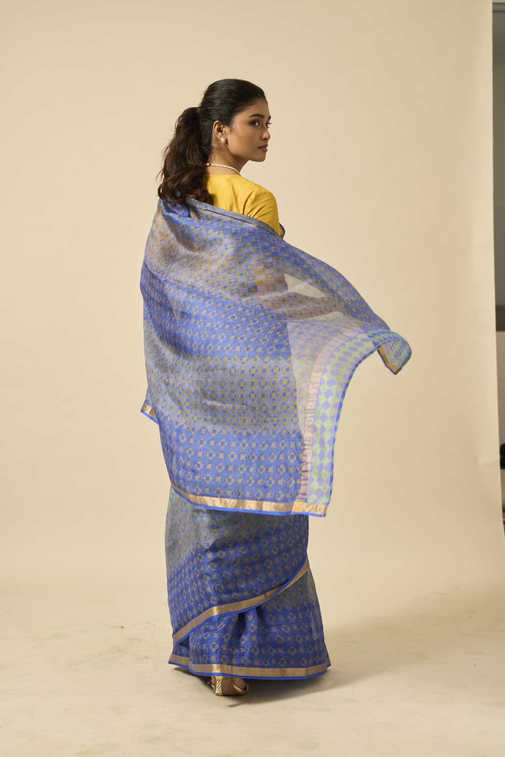 Rajnigandha Blue kota silk hand block printed saree