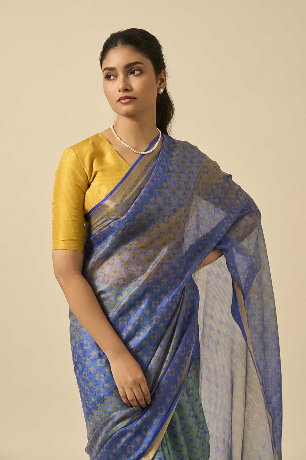 Rajnigandha Blue kota silk hand block printed saree