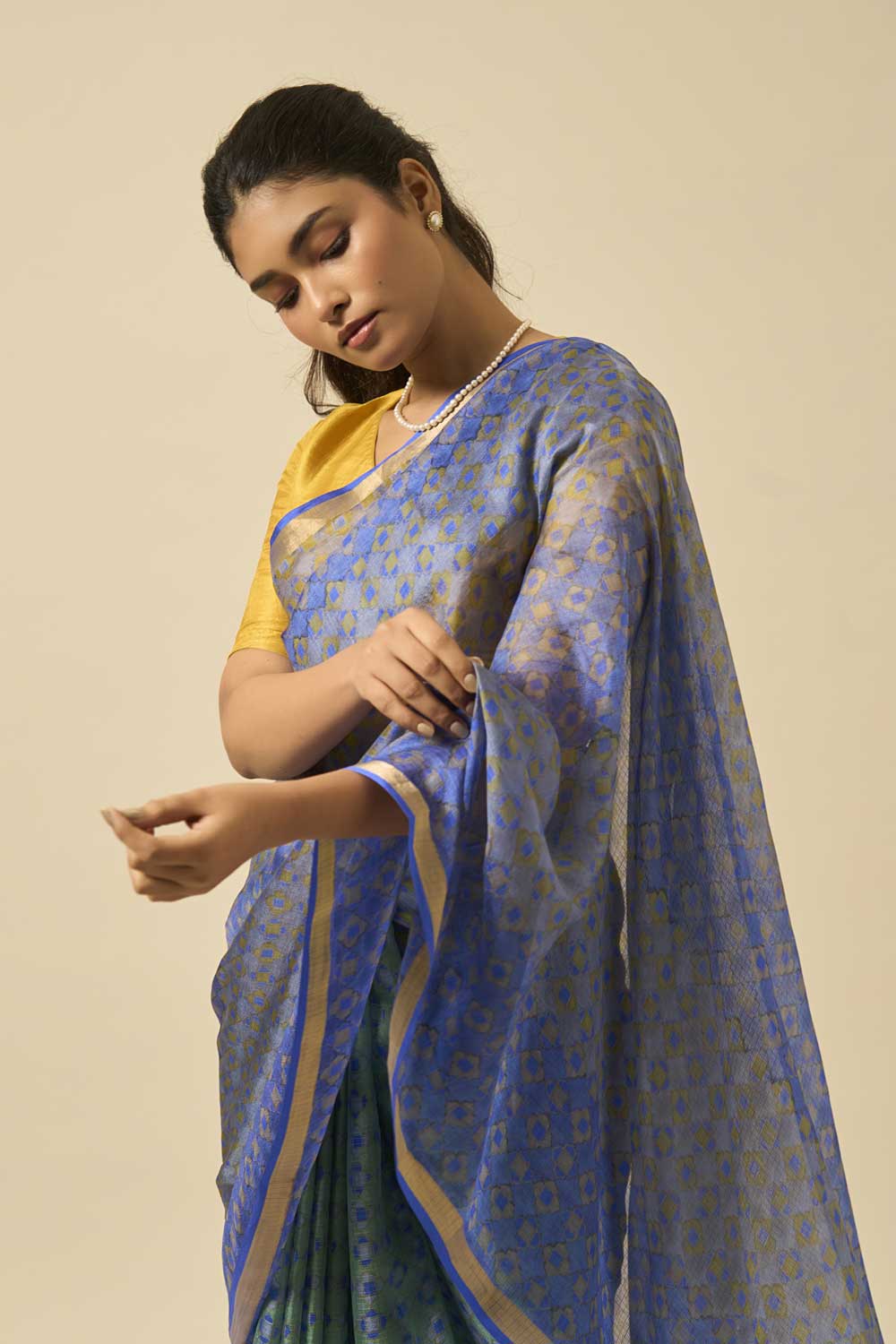Rajnigandha Blue kota silk hand block printed saree
