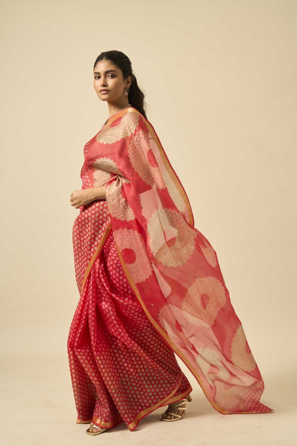 Sooraj red kota silk hand block printed saree