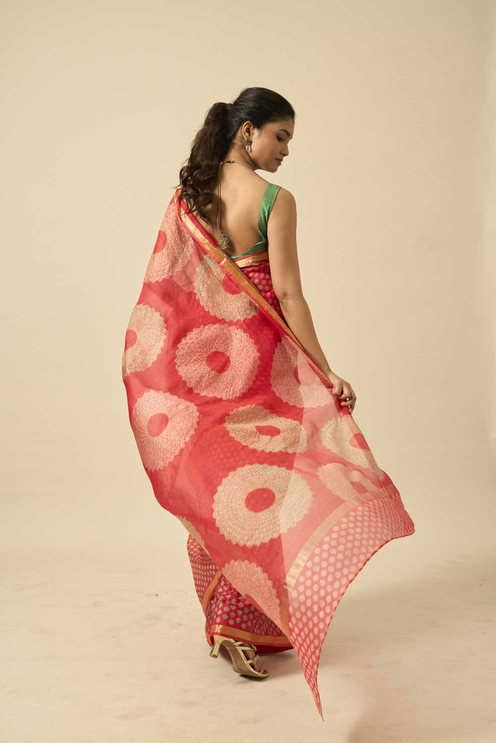 Sooraj red kota silk hand block printed saree