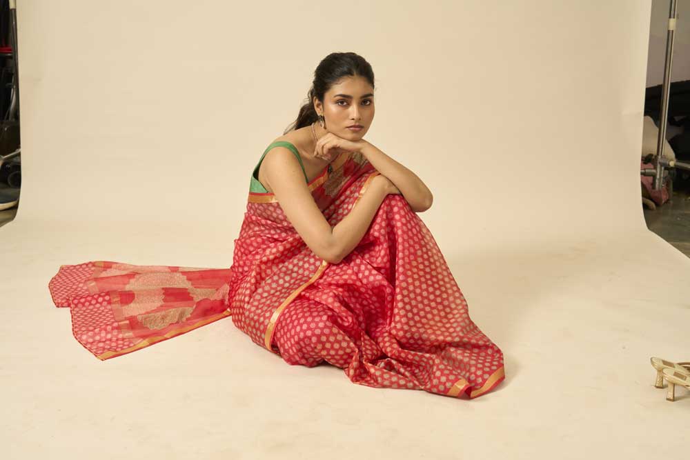 Sooraj red kota silk hand block printed saree