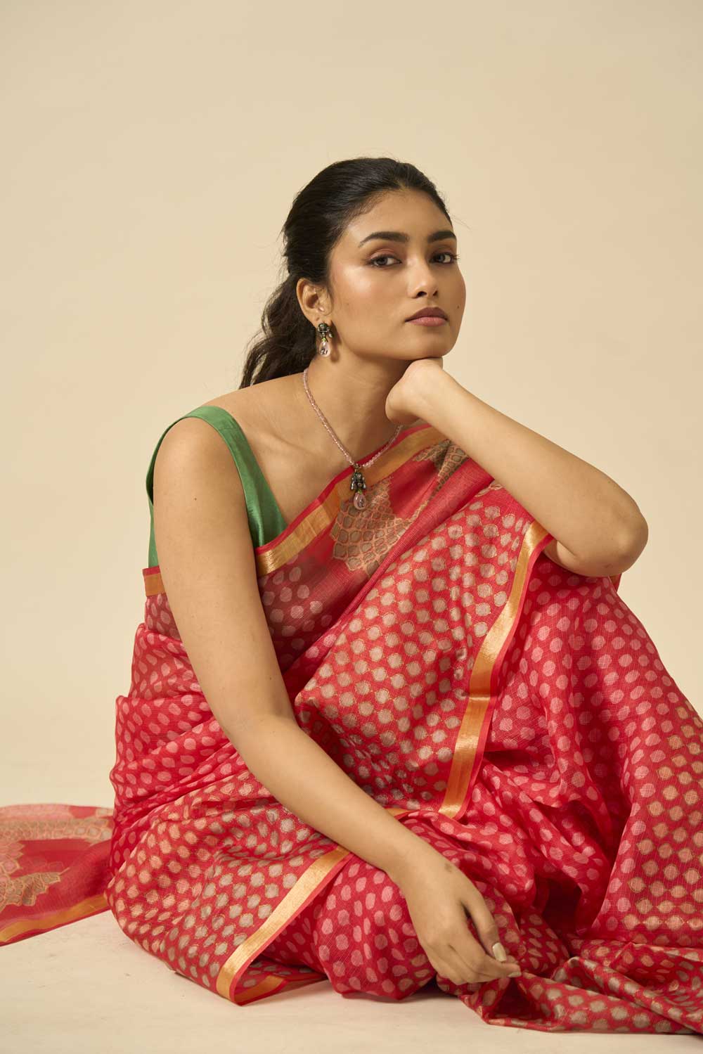 Sooraj red kota silk hand block printed saree