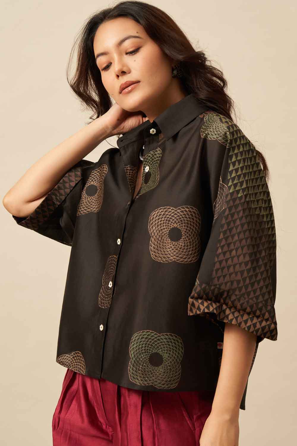 Charu Black chanderi hand blockprinted Shirt