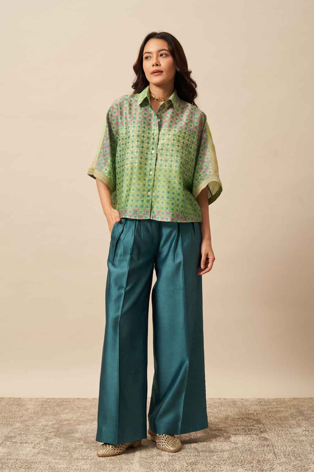 Aroha Teal chanderi hand blockprinted Shirt