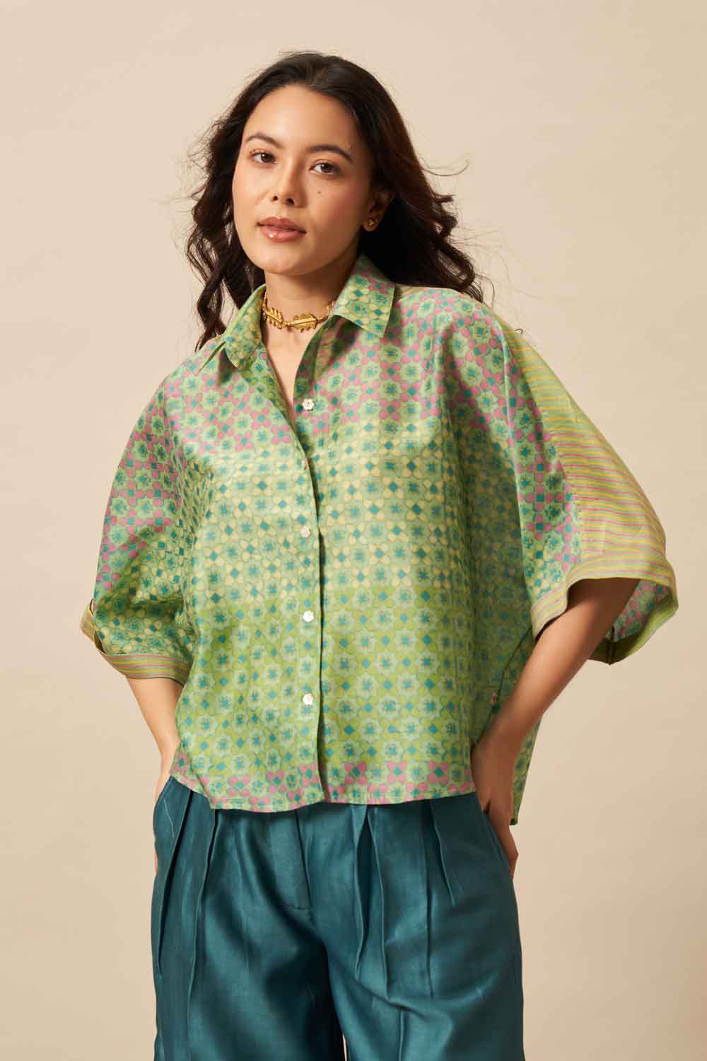 Aroha Teal chanderi hand blockprinted Shirt