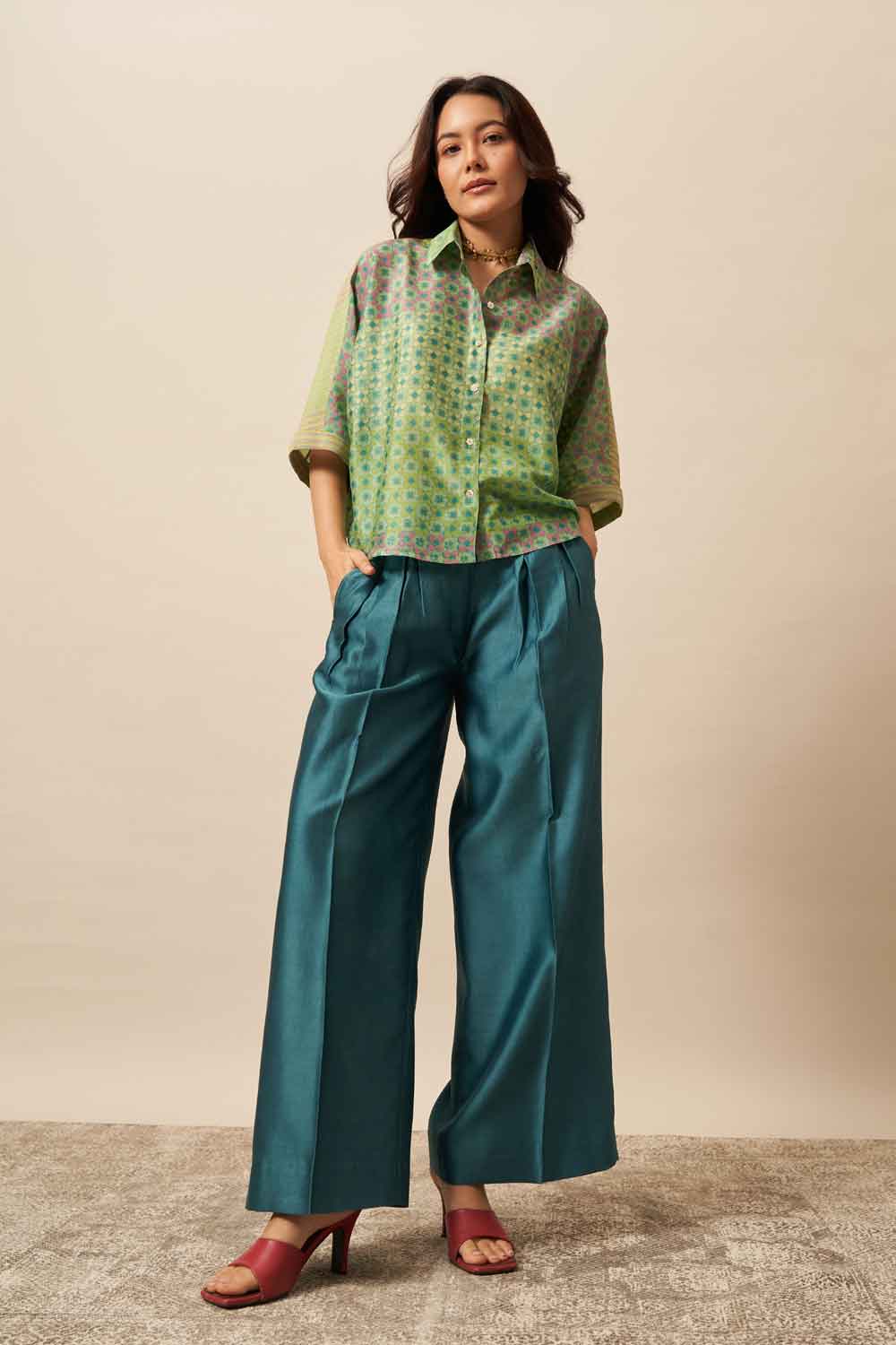 Aroha Teal chanderi hand blockprinted Shirt