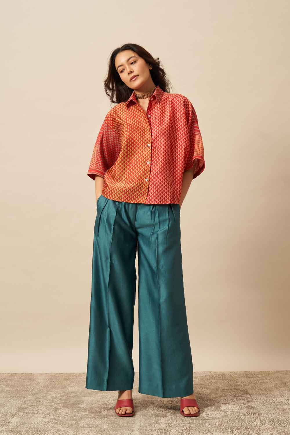 Chanchal Red chanderi hand blockprinted Shirt