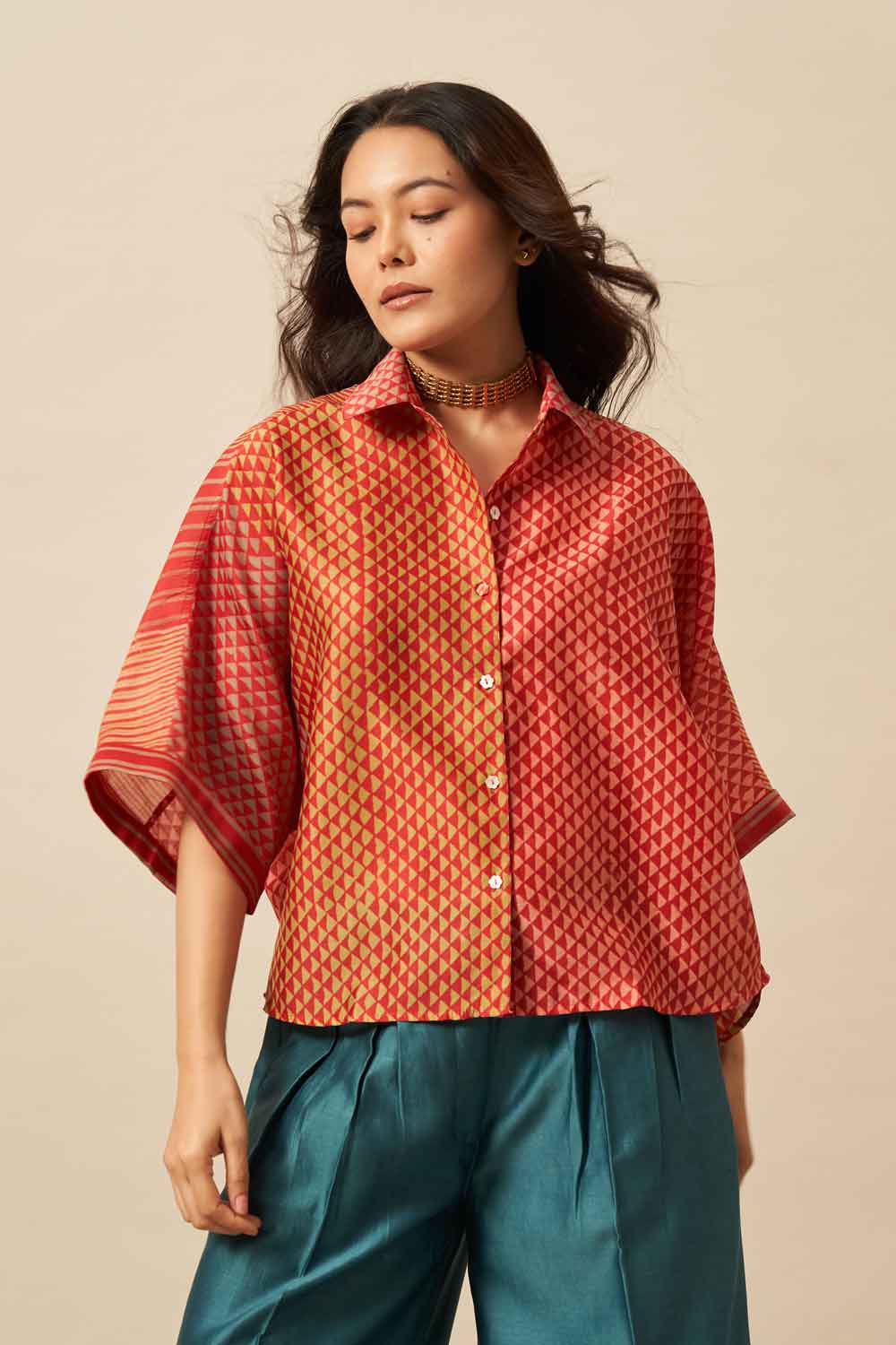 Chanchal Red chanderi hand blockprinted Shirt
