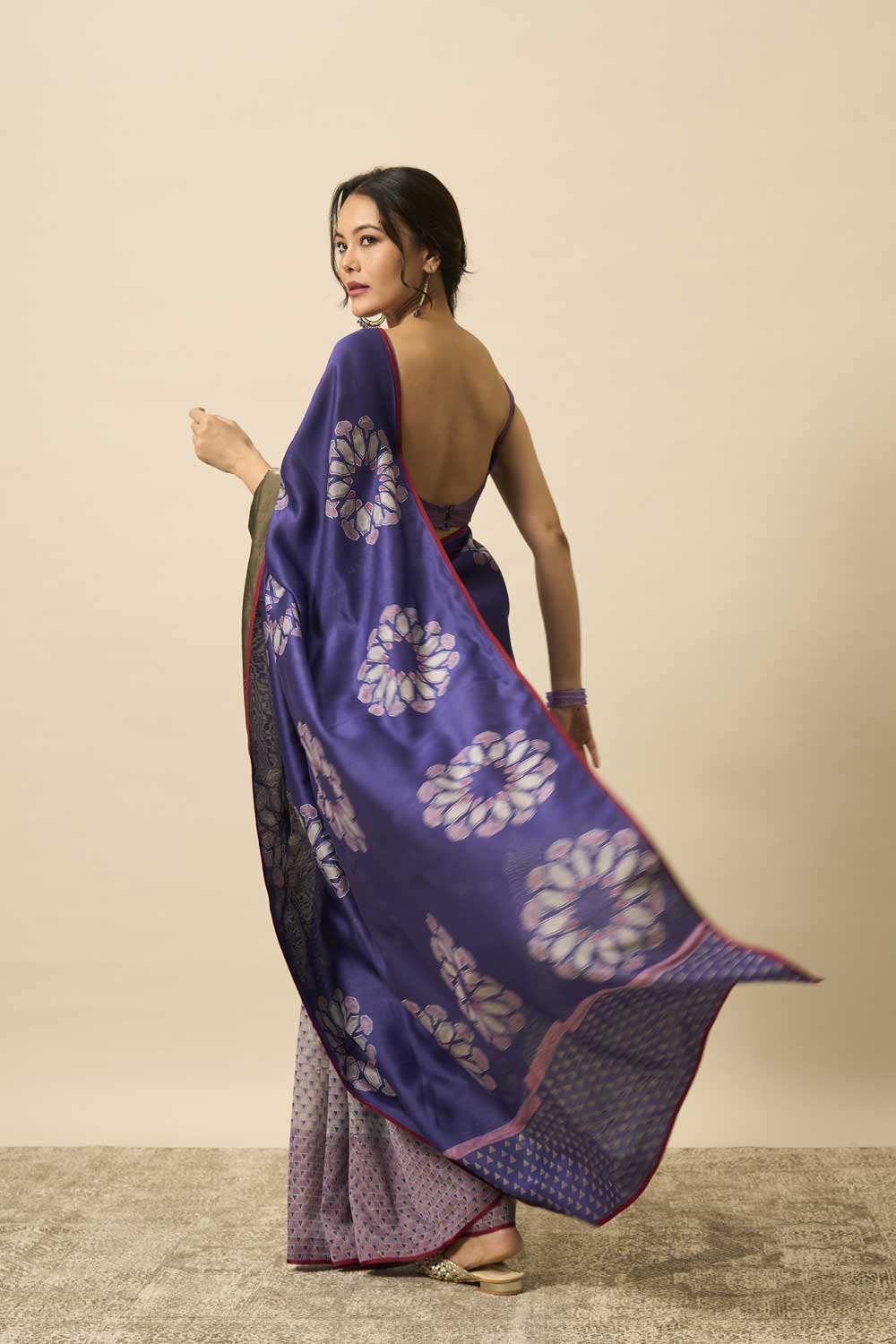 Krishna Blue Grey Maheshwari Hand Blockprinted Flip Pallu saree