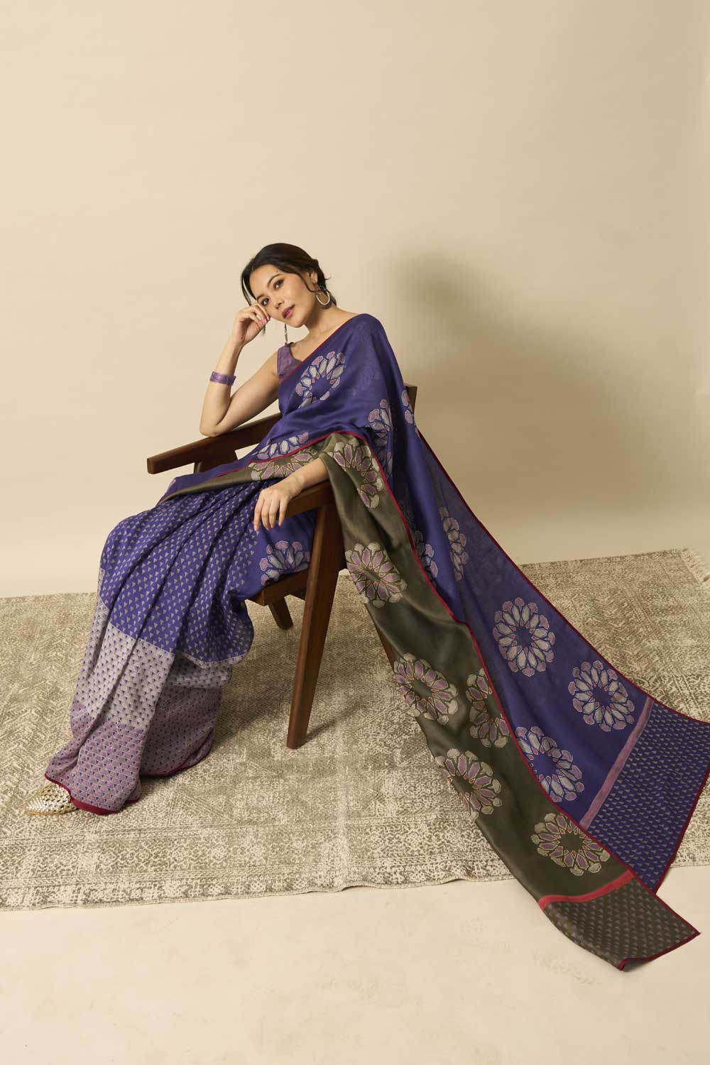 Krishna Blue Grey Maheshwari Hand Blockprinted Flip Pallu saree