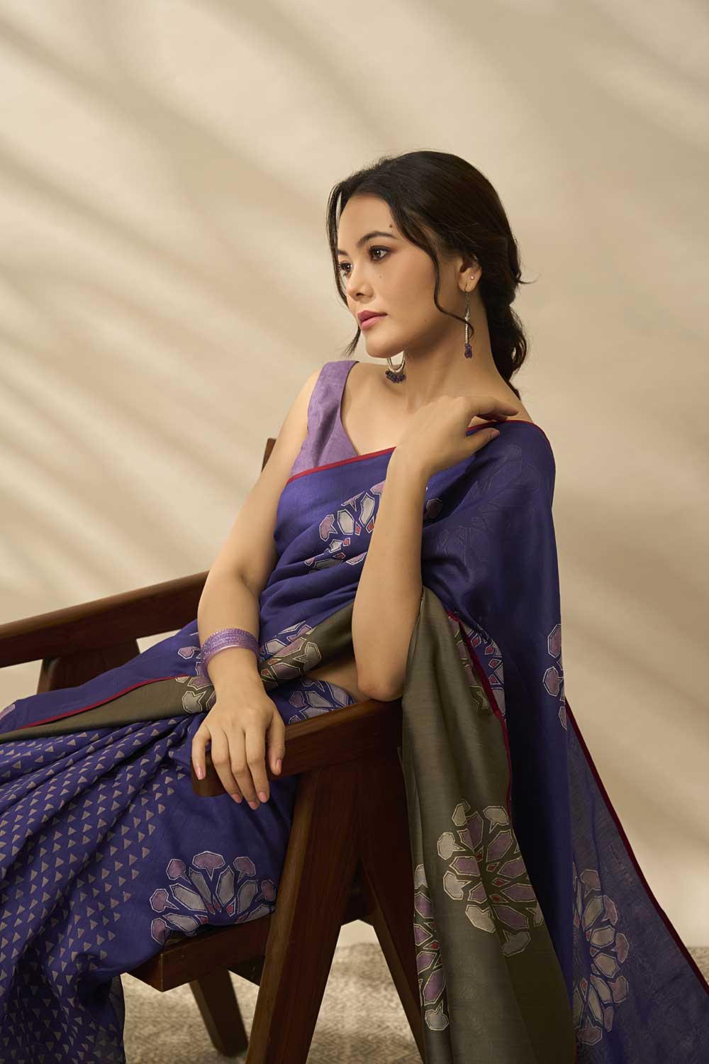 Krishna Blue Grey Maheshwari Hand Blockprinted Flip Pallu saree
