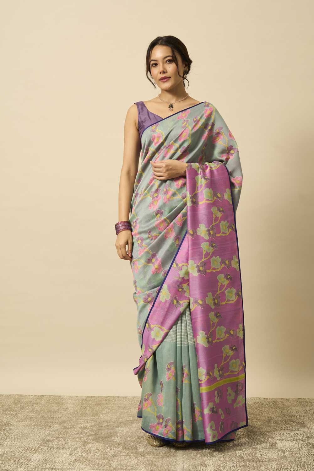 beas teal pink Maheshwari Hand Blockprinted Flip Pallu saree