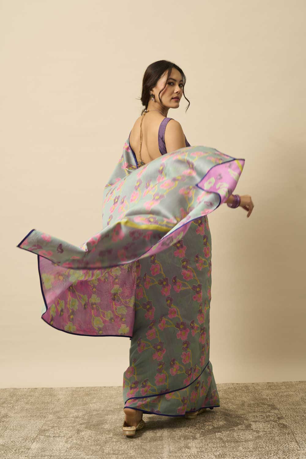 beas teal pink Maheshwari Hand Blockprinted Flip Pallu saree