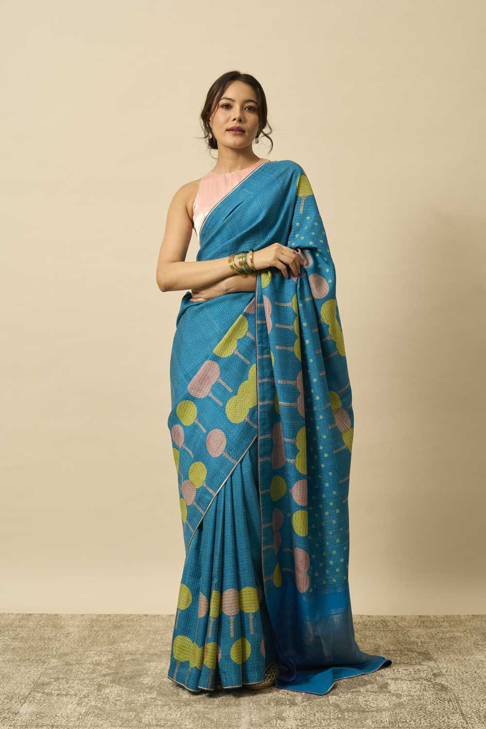 gulmohar turq Kanchi Silk Hand Blockprinted Saree