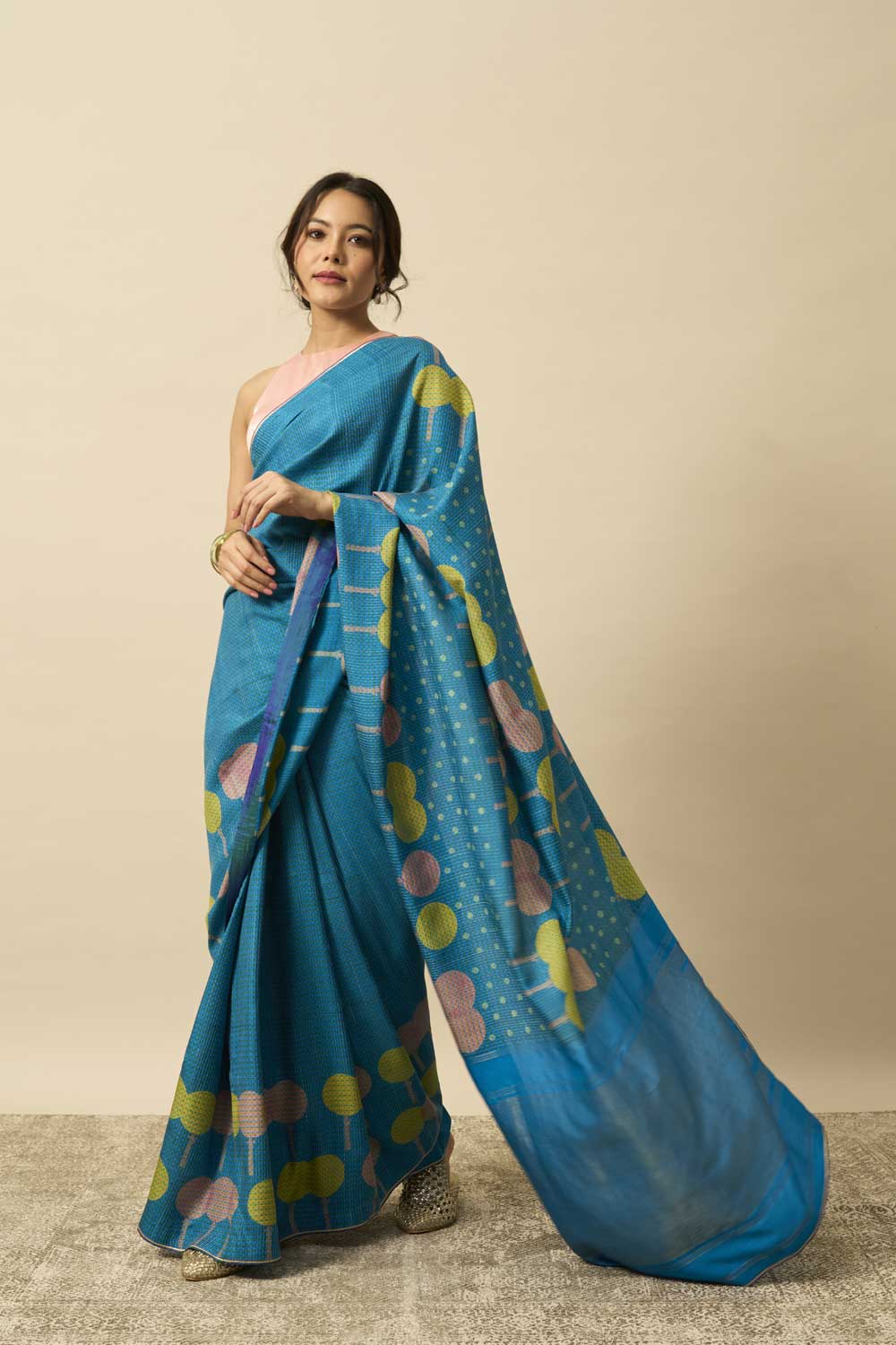 gulmohar turq Kanchi Silk Hand Blockprinted Saree